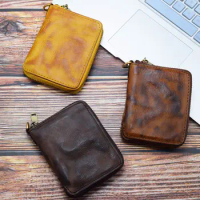 Genuine Leather Men Wallet Vintage Cowhide Coin Pocket Card Holder Japanese Men Bifold Purse High Quality Zipper Short Wallets