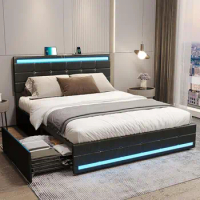 Modern Smart Platform Bed Frame Storage Drawers，Queen Bed Frame with LED Lights Leather Platform Bed Black