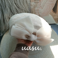 春夏貝雷帽~甜美紗帽修飾臉型的帽子顯臉小蝴蝶結畫家編織草帽女