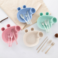 小麥秸稈小豬造型兒童餐盤四件組 盤筷勺叉四件套 (隨機出貨不挑色)