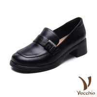 【Vecchio】真皮跟鞋 粗跟跟鞋/全真皮小羊皮典雅回字釦設計粗跟鞋(黑)