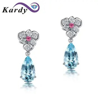 Fashion Aquamarine Natural Gemstone Diamond 14K White Gold Engagement Wedding Drop Earrings Set for Women