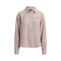 Polo Ralph Lauren Wide Cropped Gingham Linen Shirt Berry Green Multi M Pink