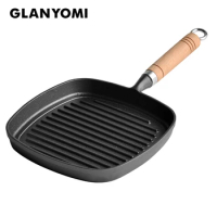 Cast Iron Steak Fryinf Pan, Non-stick Grill Pan with Wooden Handle