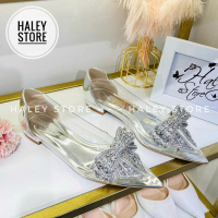 Giày ball nơ đá xám HALEY STORE gót cao 2cm bít mũi nhọn mika trong suốt đính nơ cô dâu tiểu thư côn