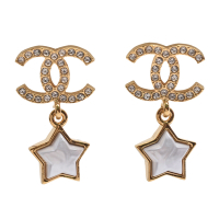 CHANEL 經典水鑽雙C LOGO星星垂墜造型夾式耳環(白/金色)