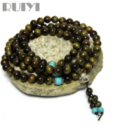 Ruiyi 108 Golden Phoebe wood Silkwood Green Mala Beads Buddhist Prayer Beads Wrap Bracelet Meditation Mala Necklace