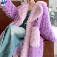 Cherry blossom powder environmentally friendly fur long loose large collar fur coat for women's lambhair large pocket coat 2024
