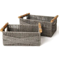 LA JOLIE MUSE Wicker Storage Baskets for Organizing, Recyclable Paper Rope Basket with Wood Handles