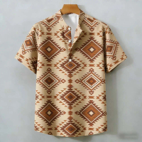 Men's Henley Shirt with Aztec Geometric Print Short Sleeve Stand Collar Casual Summer Beach