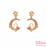 【MISA】韓國設計S925銀針和風花朵月亮上的貓咪造型耳環(S925銀針耳環 月亮耳環 貓咪耳環)