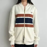 Jaket FRED PERRY STRIPE CENTER BROWN NAVY IVORY WHITE ZIP TRACK JACKET 100% ORIGINAL L