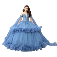 Vintage Dusty Blue Quinceanera Dresses Mexican Costume Rococo Masquerade Sixteen Birthday Dress Vestidos 15 Xv Años mezuniyet