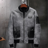 Mens Sheepskin Shearling Jacket Motorcycle Leather Jacket A2 Airforce Flight Coat Baseball Collar Fur Coat