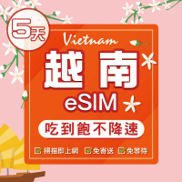 【環亞電訊】eSIM越南05天（原生網路）吃到飽不降速(eSIM 24H自動發貨 免等待免換卡 吃到飽 越南 越南網卡)