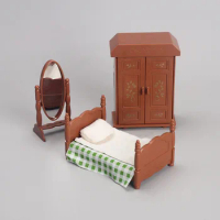 Dollhouse Mini Bedroom Bed Mirror Room Closet 1:12 Play House Toys Model Miniature Small Ornaments Simulation Home Decor Scale