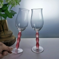 復古小眾水晶玻璃酒杯香檳高腳杯磨砂粉色杯柄透明雞尾酒杯中古杯