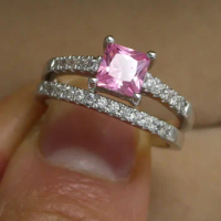 Classic Women Engagement Wedding Band Rings Set Pink AAAAA Zircon 10KT White Gold Female Party Ring Jewelry