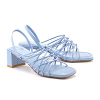 【MODA Moday】簡約交叉線條羊皮方頭粗跟涼鞋(藍)