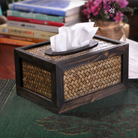 泰國實木藤編長方形紙巾盒 復古桌面抽紙盒辦公室餐巾紙盒擺件