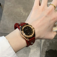 復古牛皮手錶小表盤圓形鉆石款電子手錶休閑歐美指針式女士表閨蜜