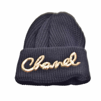 CHANEL 經典金色草寫品牌LOGO喀什米爾羊毛毛帽(黑色)