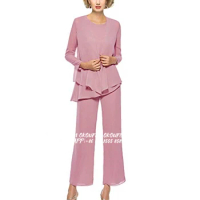 Mother Of The Bride Dresses with Jacket 3 Pieces Pant Suits Set Dusty Rose Chiffon Elegant Wedding Party Guest Gown 2024 Farsali