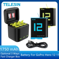 TELESIN 1750 mAh Battery For GoPro Hero 12 11 10 9 3 Ways Fast Charger Box TF Card Storage For GoPro Hero Action Camera Accessor