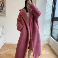 Solid Color Teddy Bear Coat Fur Coat Women Loose Real Wool Warm Teddy Jacket Lapel Long Sleeve Female Clothing Autumn Winter