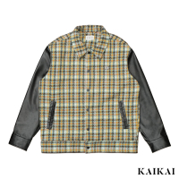 【KAI KAI】格紋提花羊毛混紡棒球夾克(男款/女款 羊毛夾克外套 拼接皮袖棒球外套)