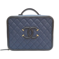 【二手名牌BRAND OFF】CHANEL 香奈兒 藍色 荔枝牛皮 CC Filigree Vanity Case 化妝箱 肩背包 A93344