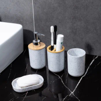 4PCS Set Imitation Marble Kitchen Bathroom Liquid Soap Dispener Bottle Shampoo Spender Mouthwash Cup Soap Dish Toothpaste Holder