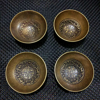 古董收藏 銅器 純實心黃銅碗 福祿壽喜浮雕 宣字底 家居飾品擺件