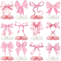 12 Pcs Pink Bow Party Decorations Honeycomb Centepieces 3D Coquette Birthday Table Decor Pink Bow Pa