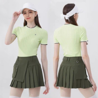 Summer Golf Short Sleeve Women's Knitwear Skirt Set Korean Slim Fit Round Neck T-shirt Tennis Top Sports Pleated Skort
