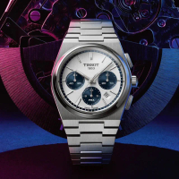 【TISSOT 天梭 官方授權】PRX系列 復古風酒桶型三眼計時機械錶-42mm/藍白 熊貓錶 禮物(T1374271101101)