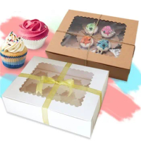White Brown Kraft Paper Boxes Cupcake Box With Window Dessert Mousse Box 12 Cup Cake Holders Wholesale