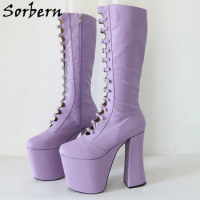 Sorbern Customized Lilac Boots Drag Queen Platform Block High Heels Gladiator Style Buckles Knee High Women Shoes Size Eu33-48