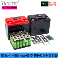 Turmera 12V Motorcycle Battery Box 3*10 18650 Battery Holder 40A Balance BMS 5V 2.1A QC3.0 2*USB Port for UPS Camping Power Bank