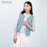 JESSICA - 輕薄舒適百搭幾何提花針織開衫外套233245（藍）