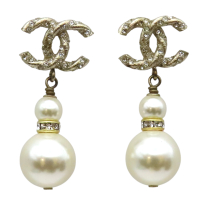 【二手名牌BRAND OFF】CHANEL 香奈兒 香檳金 金屬 鍍金 珍珠 針式耳環