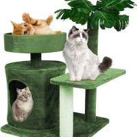Small Cat Tree for Indoor Cats, Green Cat Tower with Condo and Scratching Post, Flower Cat Tree, Cat Tower with Artificial Palm