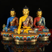 11"Tibetan Temple Collection Old Purple Bronze Outline in gold Mosaic Gem Master Painted Sanbao Buddha Shakyamuni Worship Hall