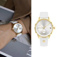 【Tommy Hilfiger】金框 拉絲銀面 金色刻度 兩眼日期顯示 純白皮革錶帶 腕錶 女錶 過年/新年(1782018)