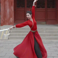Woman Red Research On Classical Art Of Mulan's Performance Dance Dress With Ethnic Chinese Style Large Swing Skirt Hanfu