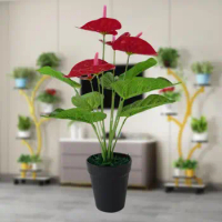 Durable Green and Red Natural Plastic Faux Anthurium Plant Living Room Bathroom Decor Artificial Flowers Realistic