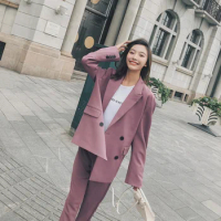 Korean Fashion Purple Jacket and Pants Two Pieces Set for Women Cardigan Long Sleeve Office Lady Blazer Suit Winter Autumn