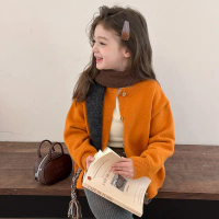 2026 Aimo Beibei Girls' Baby Korean Style Fashionable Knitted Cardigan in Bright Orange Sweater Top