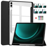 For Samsung Tab S9 FE Plus Case Trifold PU Leather Acrylic Clear Back Hard Cover For Galaxy Tab S9 FE Case With Pen Holder Funda