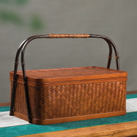 竹編月餅盒日式仿古帶蓋收納盒中式手提收納筐茶道零配茶具整理籃